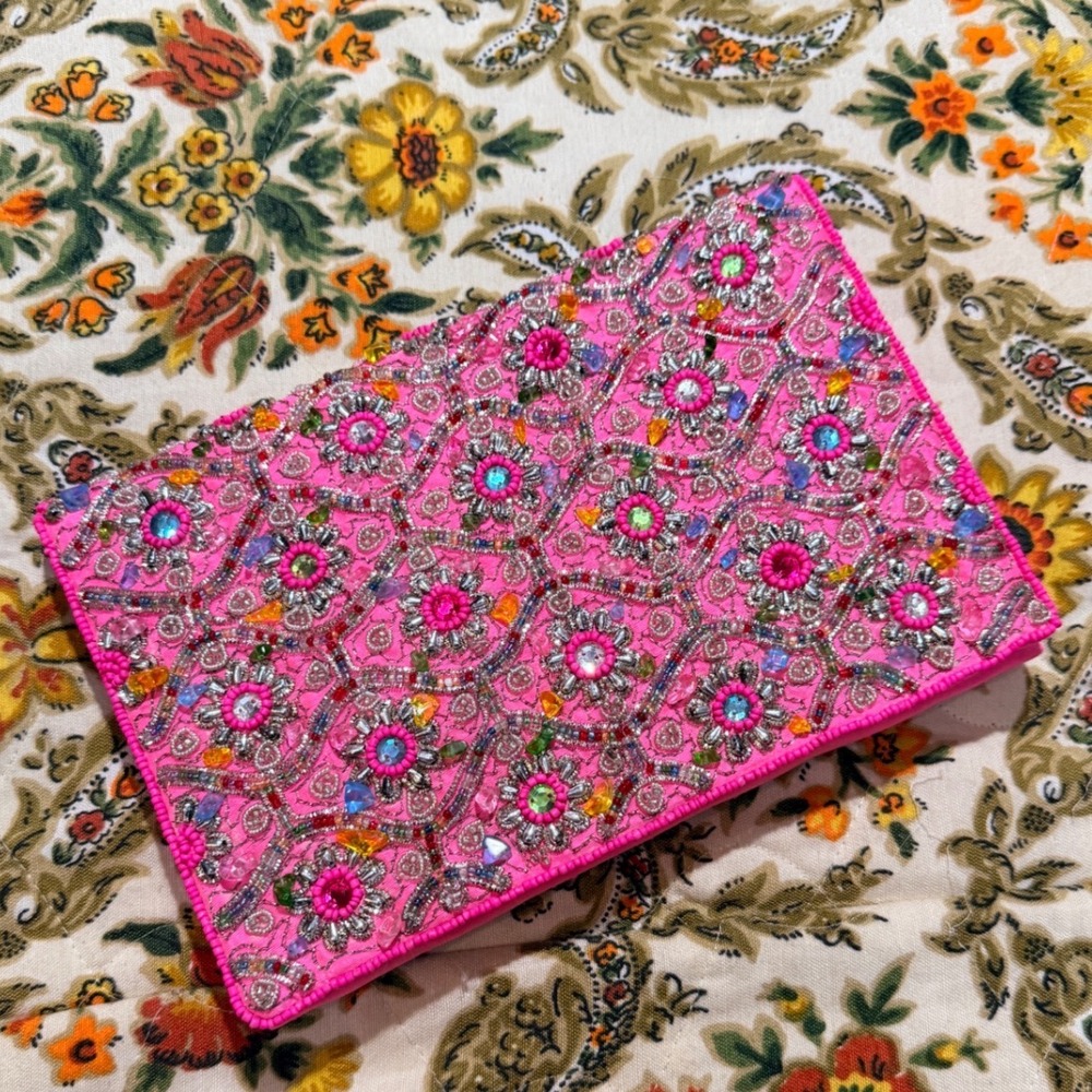 Hot Pink Beaded Floral Clutch Bag Silver Chain Strap Evening Purse Wedding Y2K